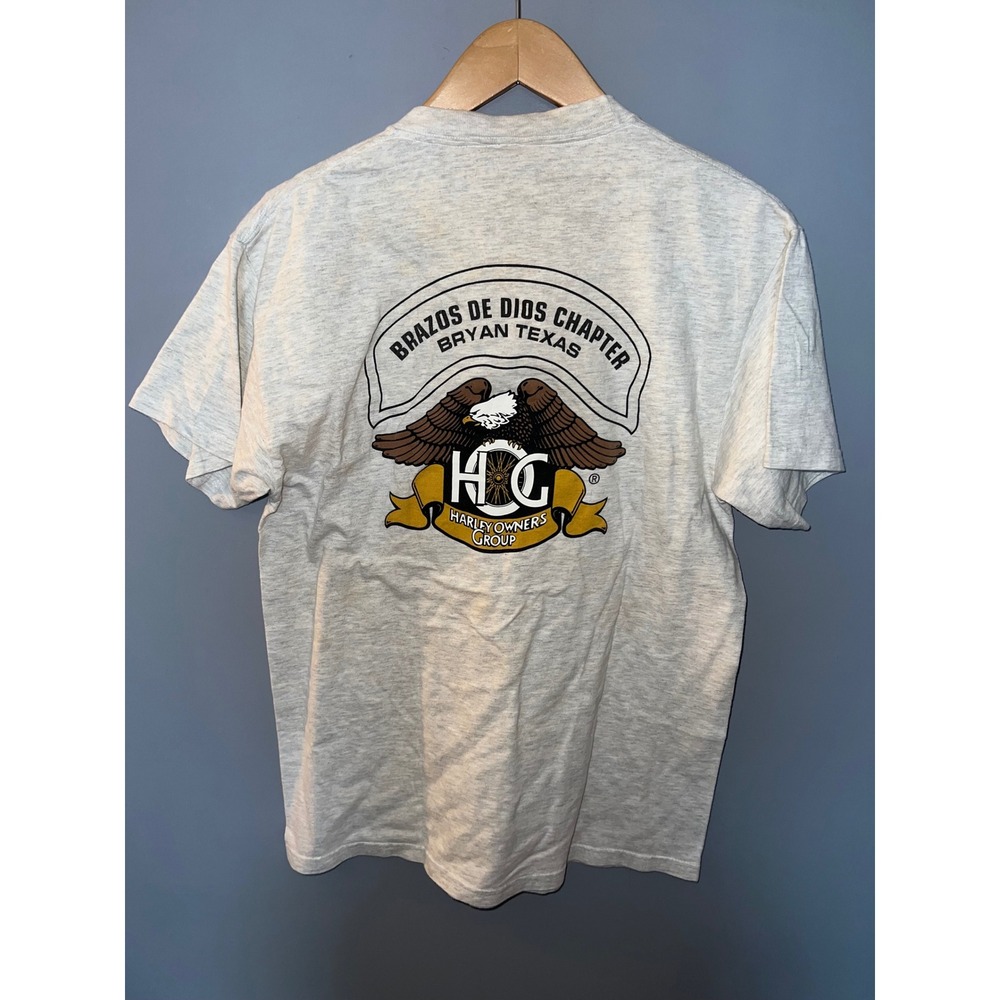 Vintage Hanes Beefy-T Harley Owners Group HOG Bryan Texas Pocket T-Shirt Gray M